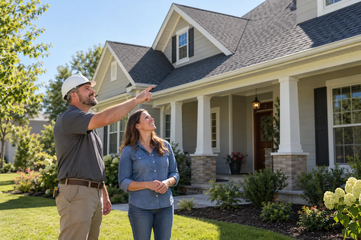 A friendly roofing provider talking with a homeowner in front of a house in Lorain